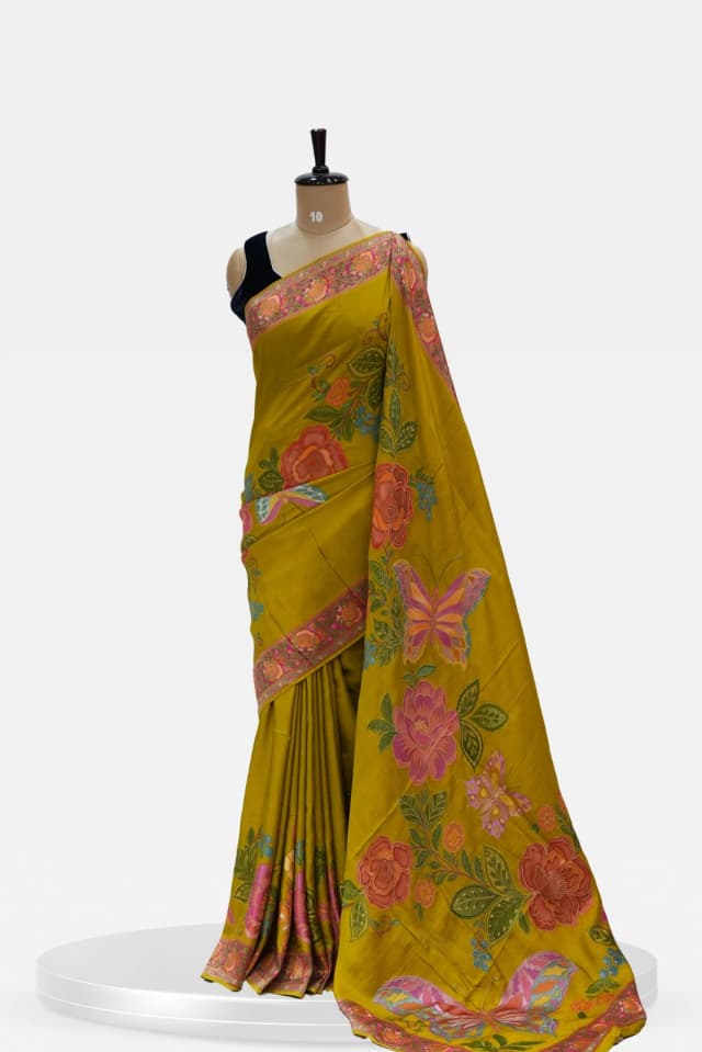 Pashmina Butterfly Motif Banarasi Mustard Green Floral Print Silk Saree QS244970