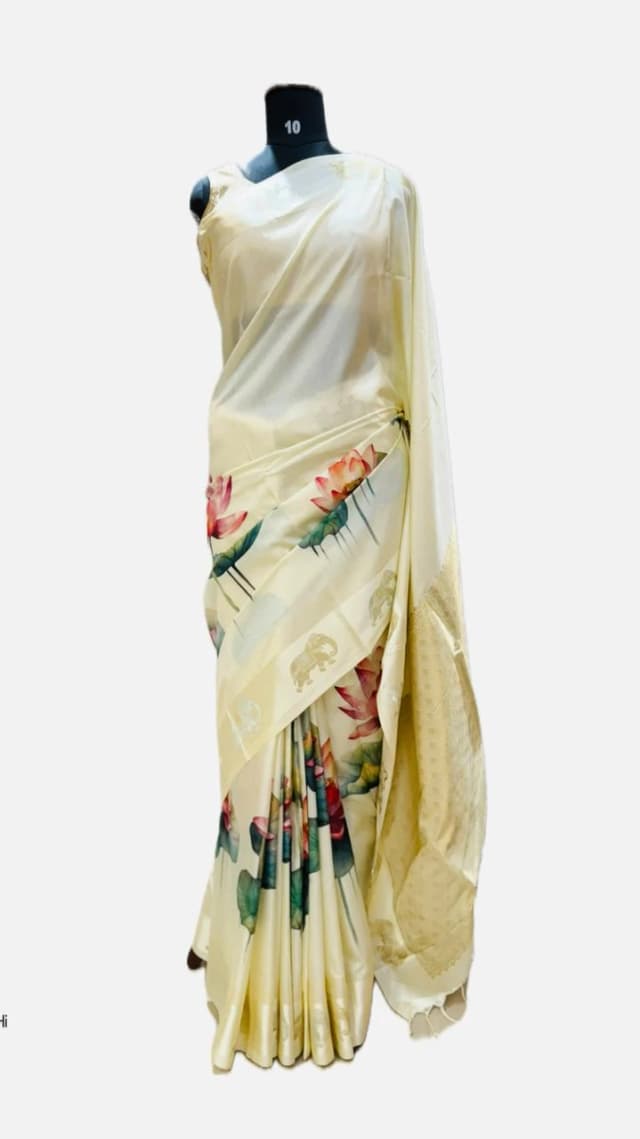 Printed Semi Tussar Lotus Motif Elephant Border QS255940