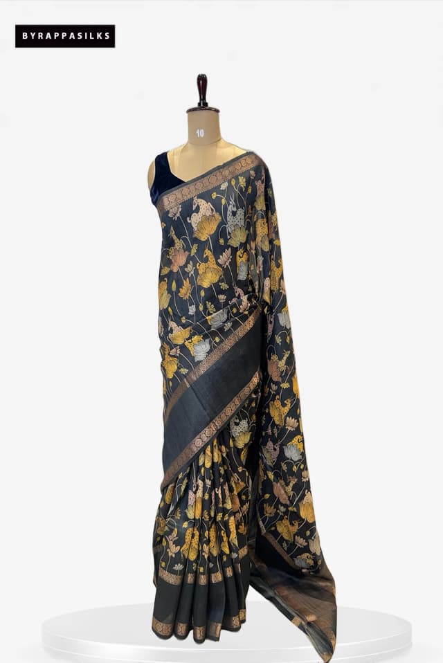 Pure Tussar Saree Black With Floral Print QS276329