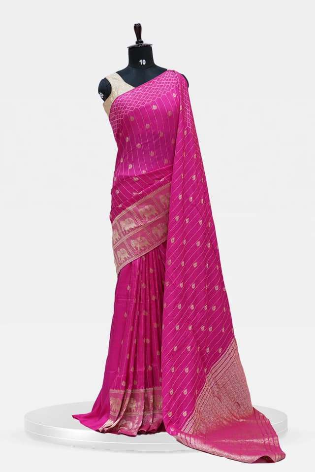 Pink Banarasi Silk Saree with Golden Zari Elephant Border QS253414