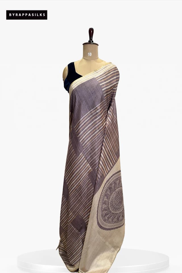 Semi Tussar Saree Diagonal Strip Design Ash Grey QS267818