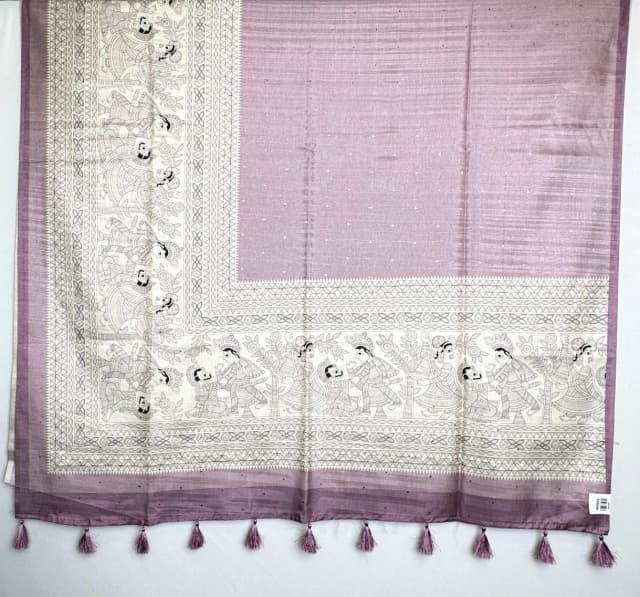Tussar Saree With Madhubani Print Dusty Purple With Traditional Art QS264566