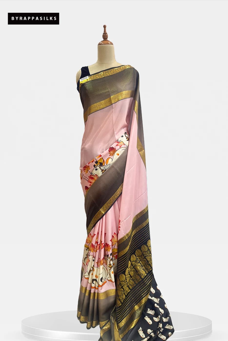 Mysore Silk Pure Crape Saree Blush Pink & Grey Pichwai Print QS290882