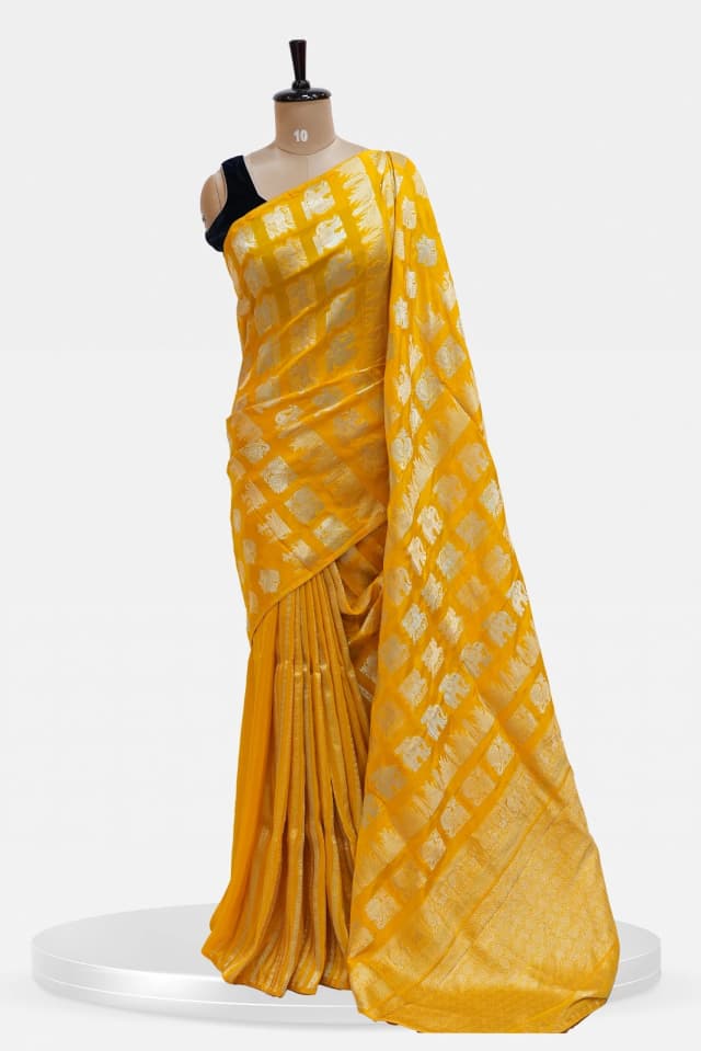 Russian Viscose Silk Saree Yellow with Golden Zari Elephant QS243136