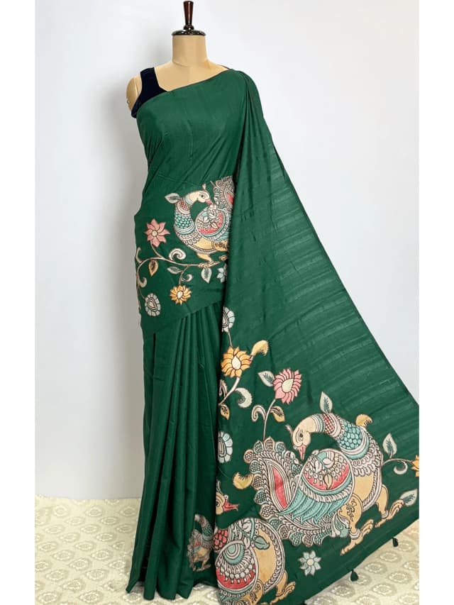 Tussar Aplic Printed Sare - Green Colour - QS242942