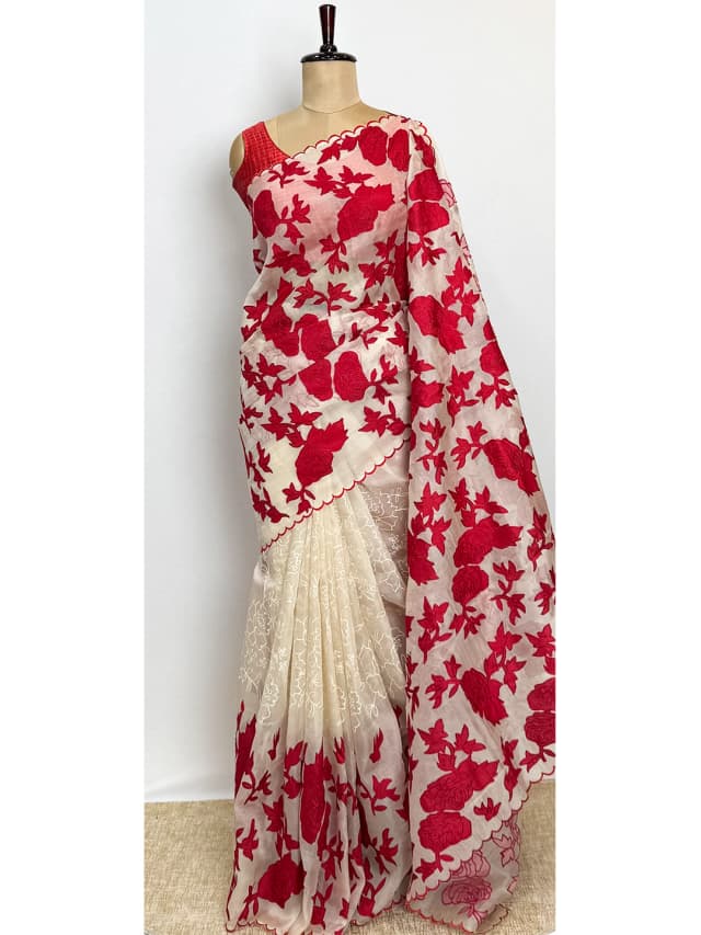 Pure Organza Sarees - White With Red Work - QS214147