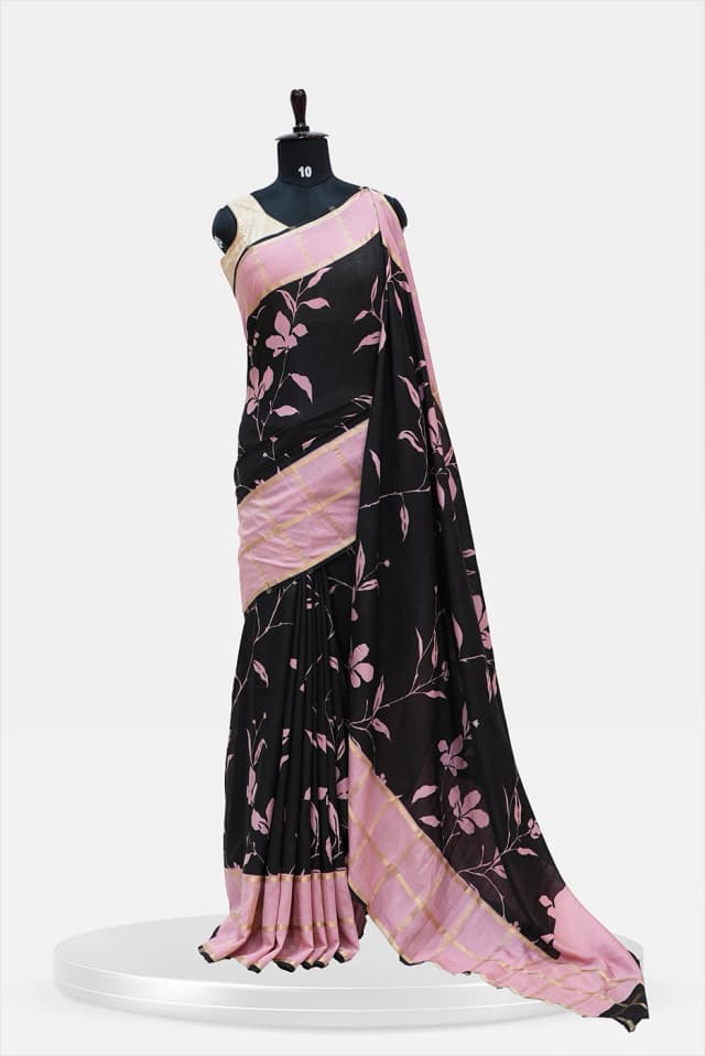 Chanderi Semi Silk Saree Black & pink colour - QS251874