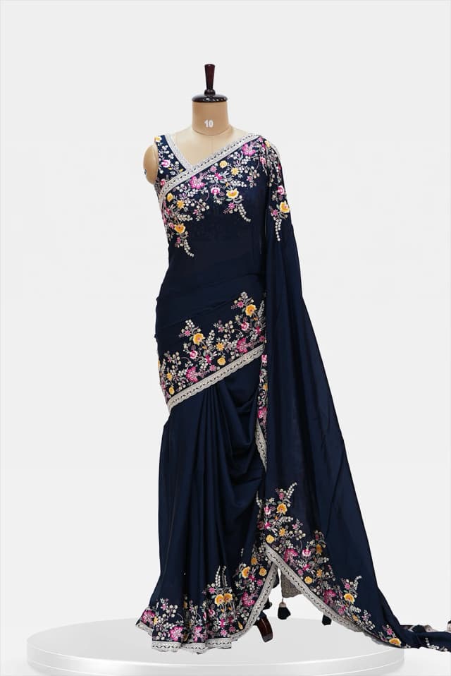 Partywear Banarasi Saree Multicolour floral .Deep navy with blouse- QS246340