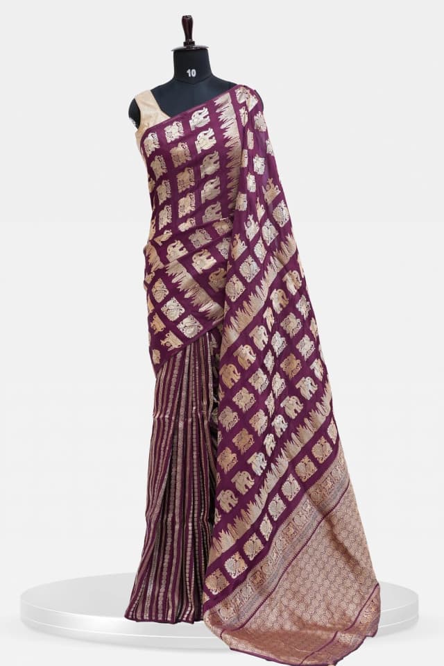 Russian Viscose Saree Purple with Golden Zari Elephant QS243136