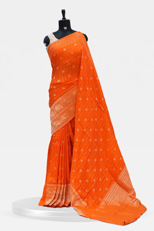 Orange Banarasi Silk Saree with Golden Zari Elephant Border QS253436