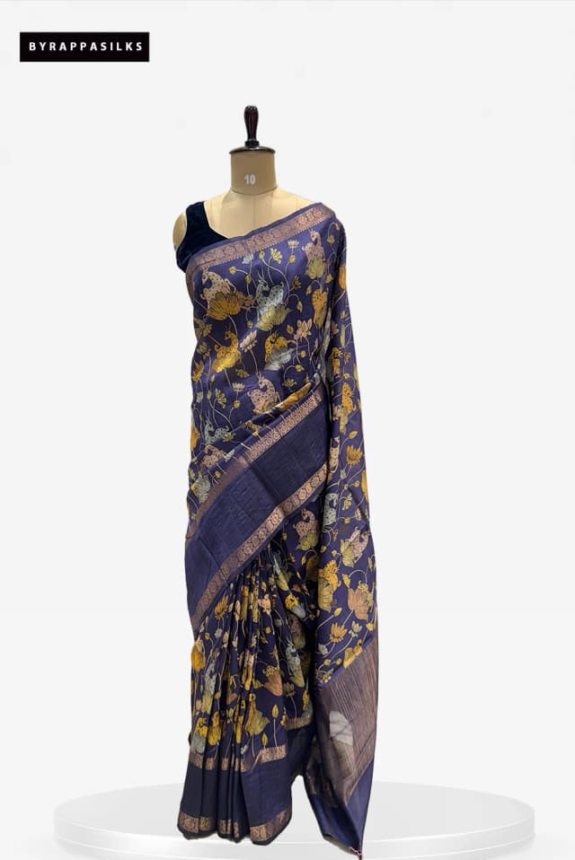 Pure Tussar Saree Deep Blue With Lotus Print QS276338