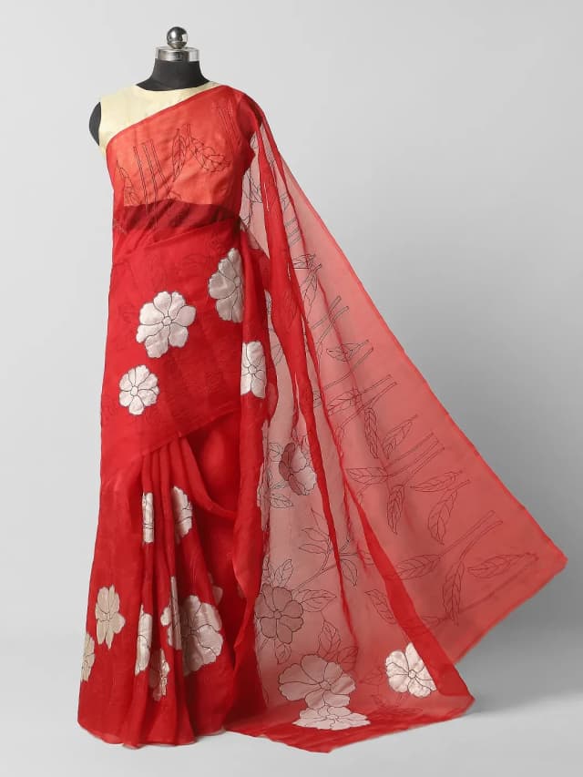 Floral Organza Saree - Red Colour QA254685