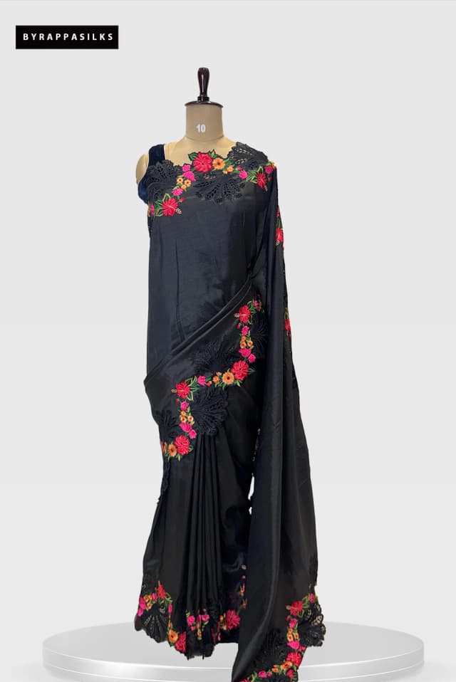 Raw Silk with Cut Work Black Saree QS280192