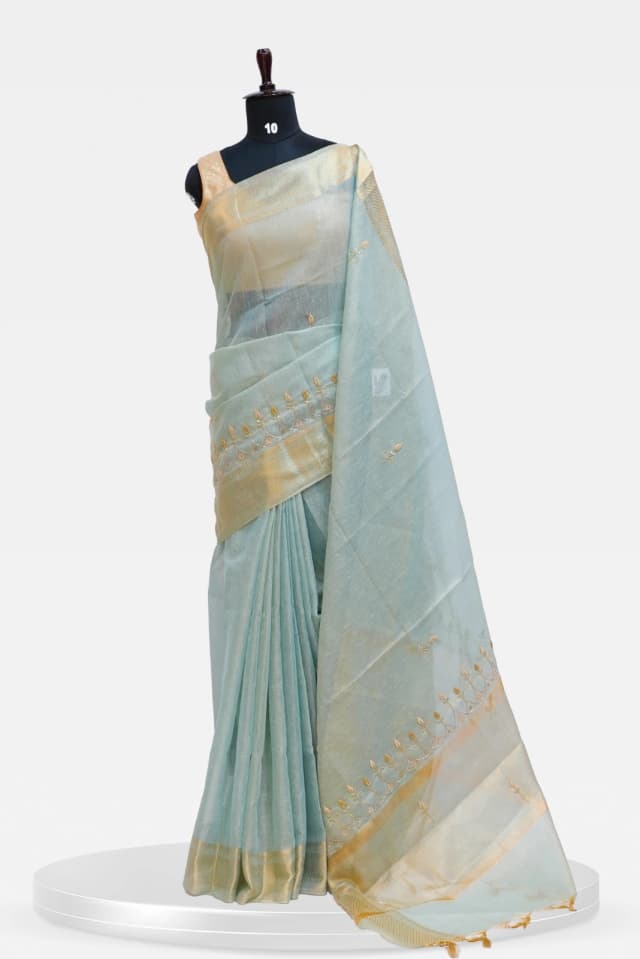 Fancy Sky Blue Linen Silk Saree with Golden Zari Border QS239312