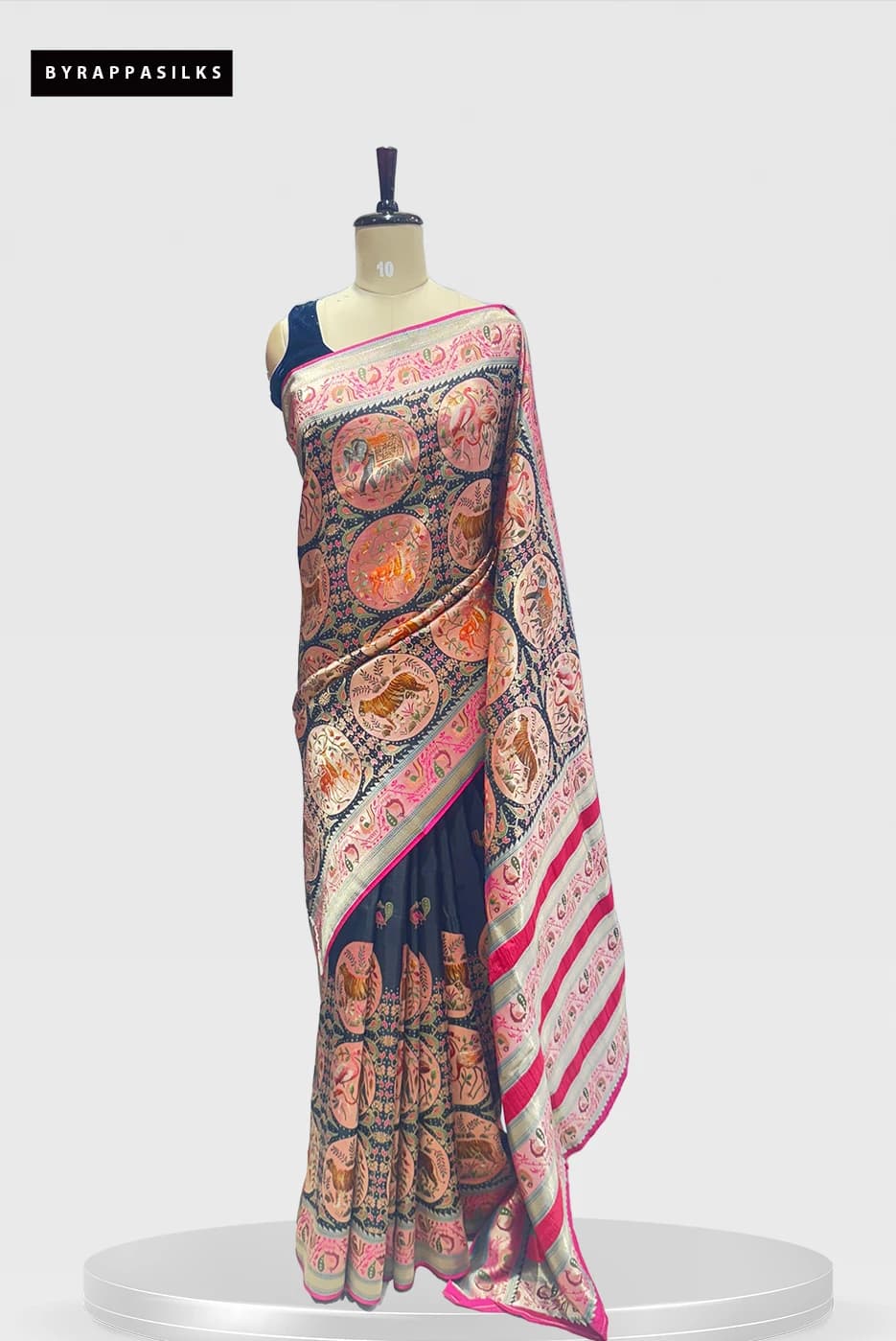 Banarasi Saree Animal Motifs Black & Pink Border QS286049