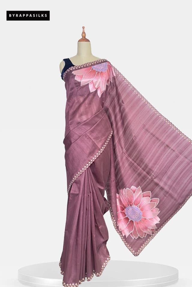 Semi Tussar Saree With Lotus Print Mauve Brown Colour QS286173