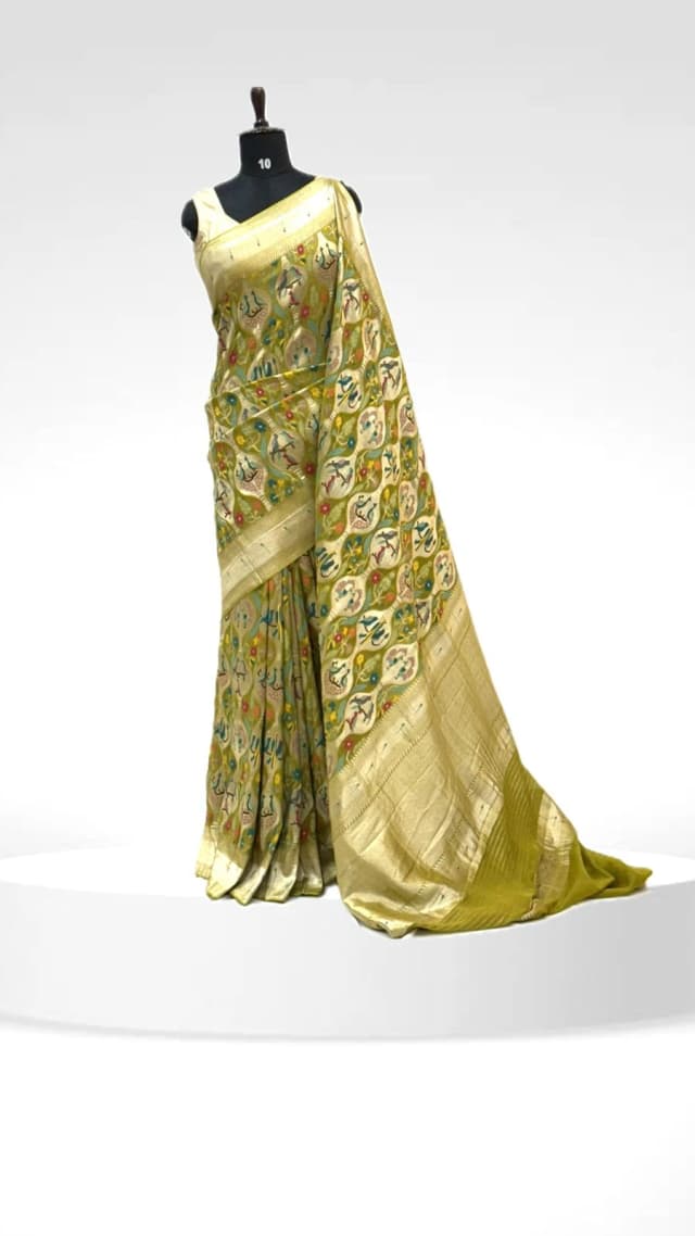 Georgette Meenakari Green withTraditional Motifs QS248729