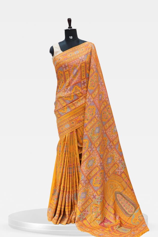 Munga Mustard Yellow Banarasi Silk Saree with Intricate Prints QS240177