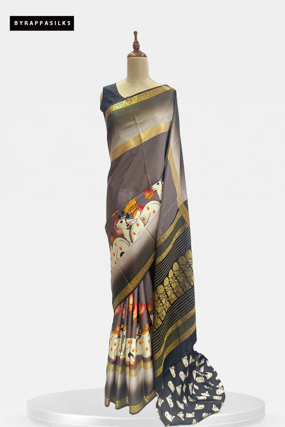 Mysore Silk Pure Crape Saree Charcoal & Silver - Grey Pichwai Print QS290883