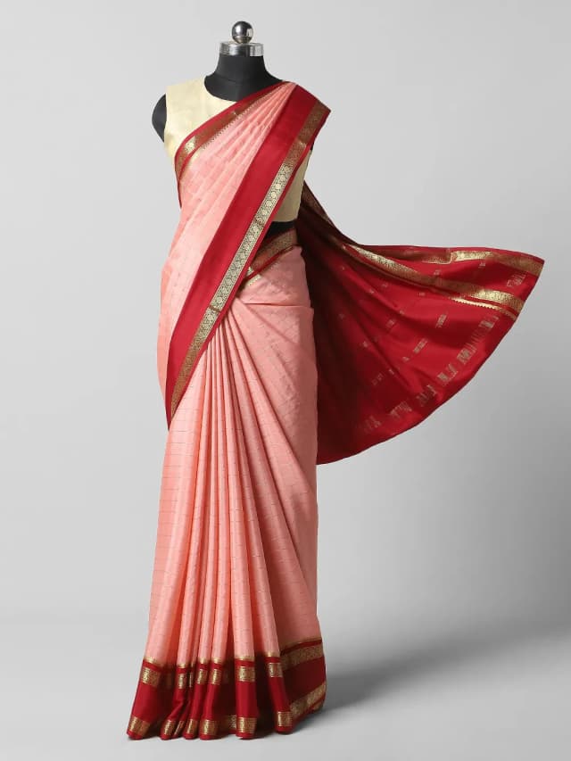 Pure Mysore Silk Saree Peach Pink With Reddish Maroon QA255105