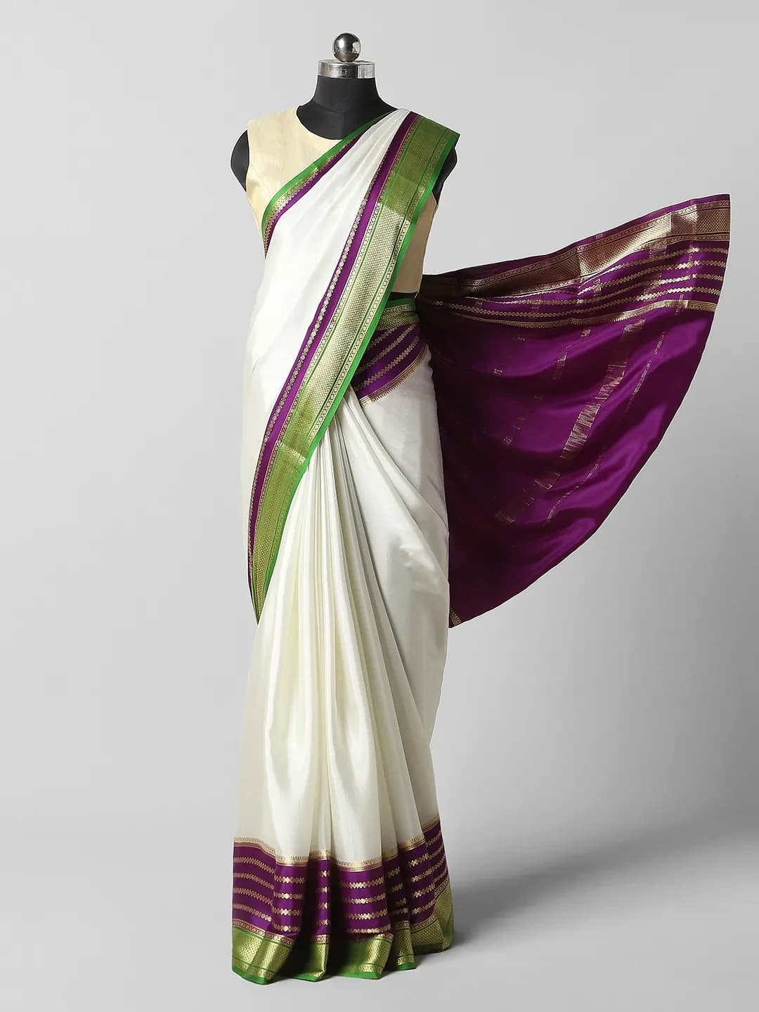 Pure Mysore Silk - Half White With Purple colour QA255116