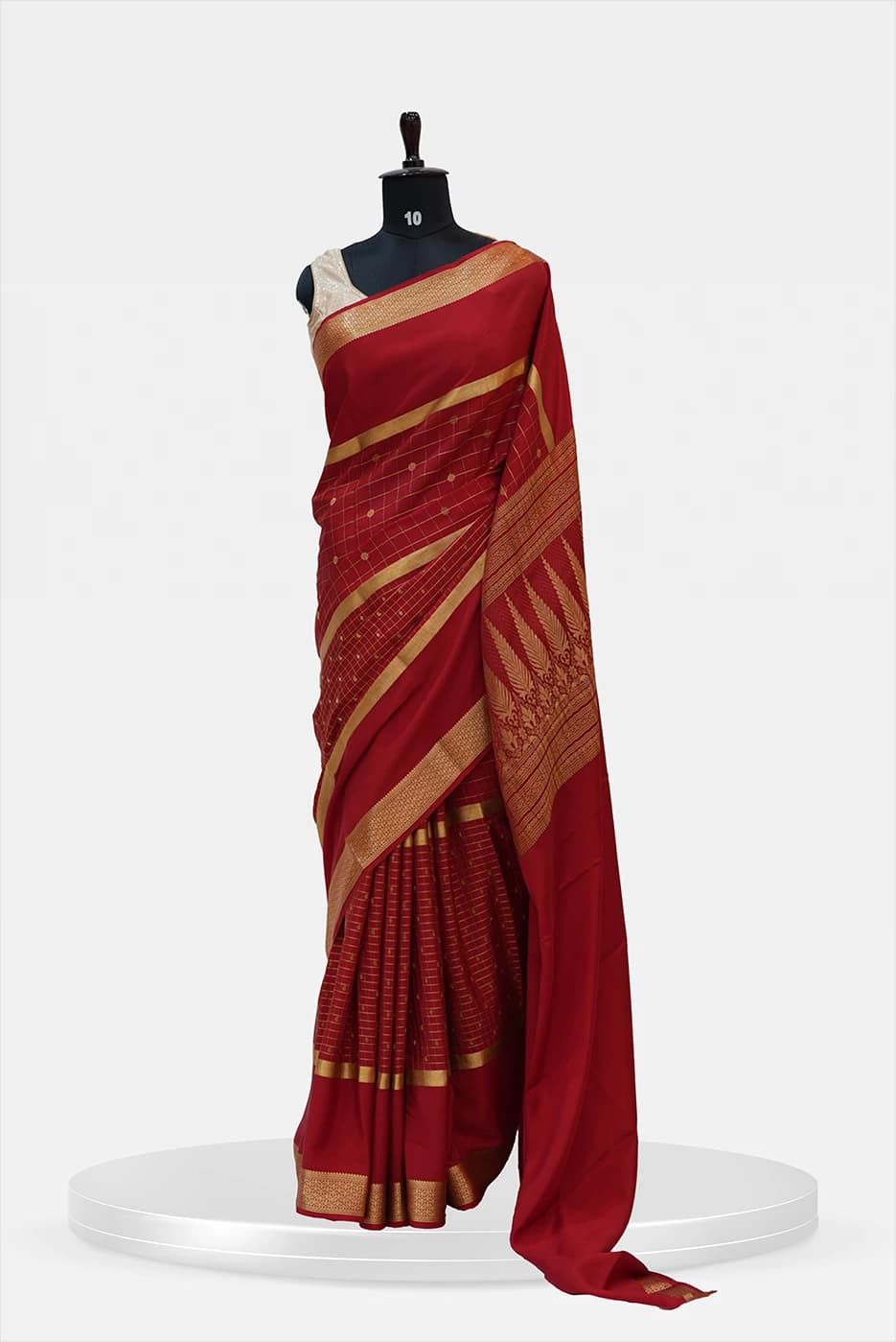 Classic Red Mysore Silk Pure Crepe Saree with Golden Zari Border QS251033