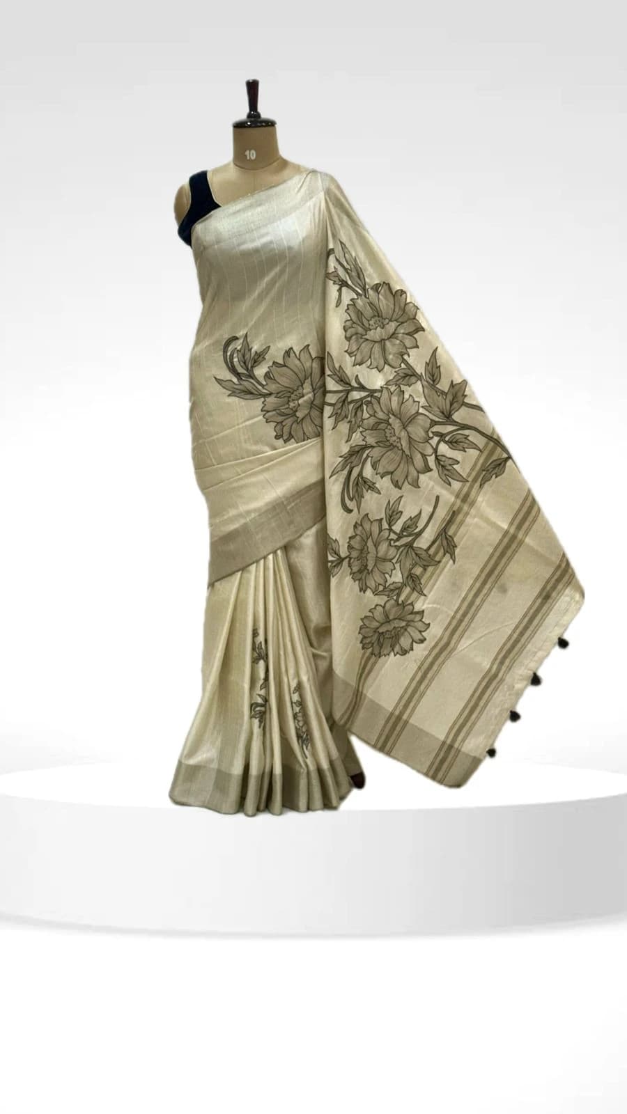 Linen Semi Tussar Aplic Cream Saree QS250326