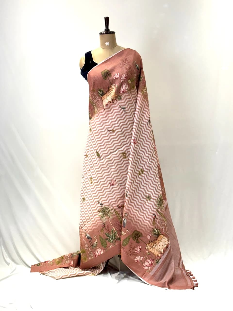 Linen Printed Saree Rose Pink Floral Bird QS271802