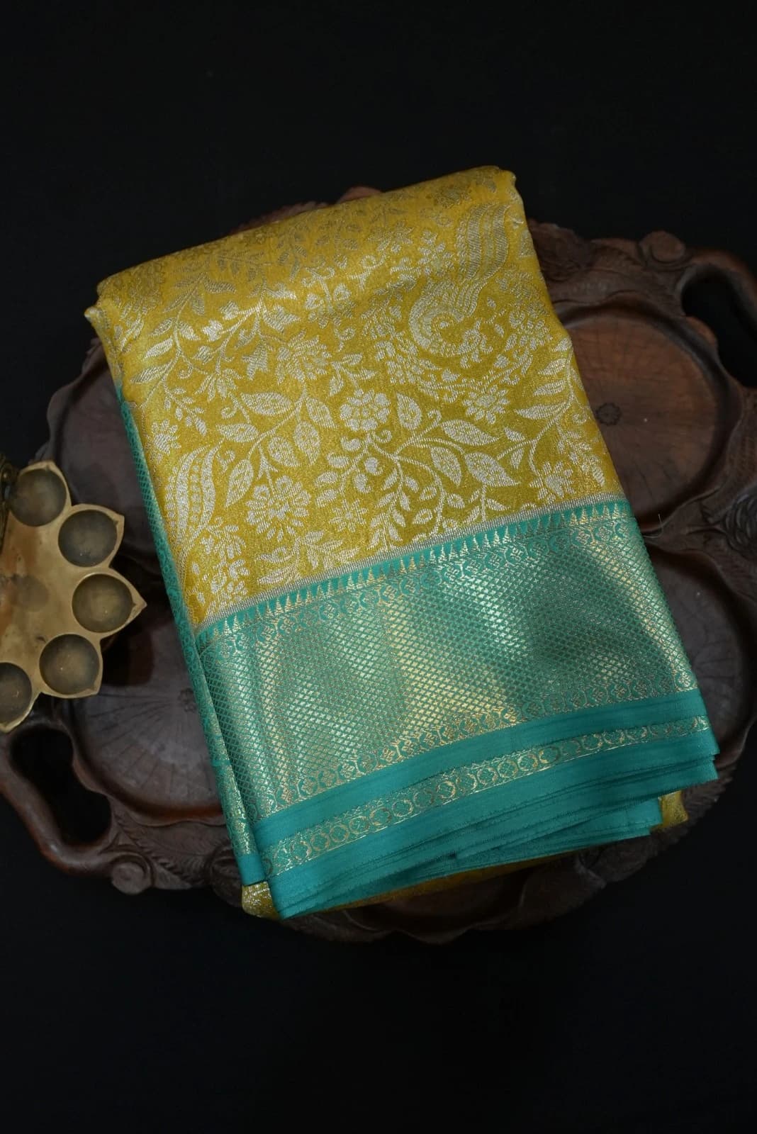 Tissue Brocade Saree - Golden Yellow With Blue Border Qs235713