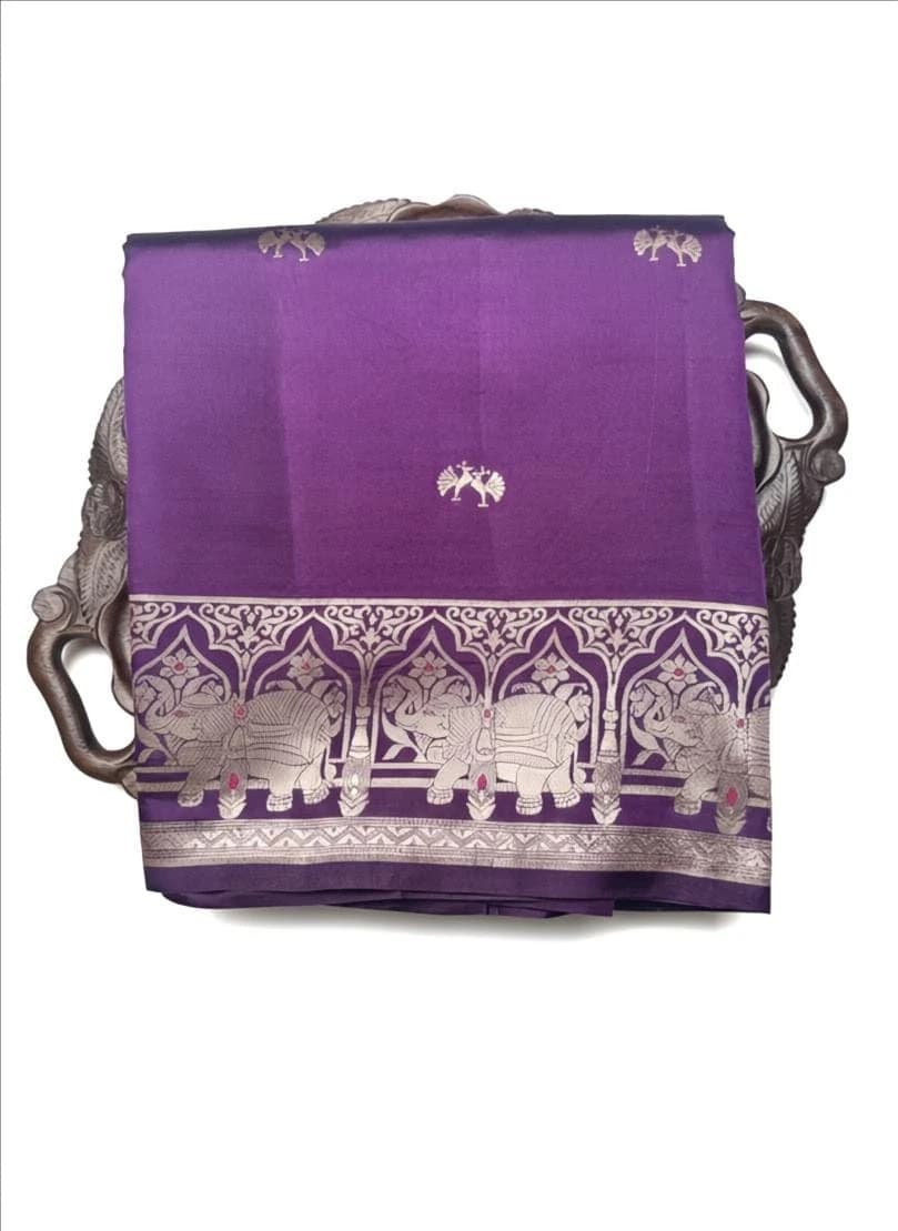 Puna Banarasi Purple Silk Saree with Elephant Zari Border QS249835
