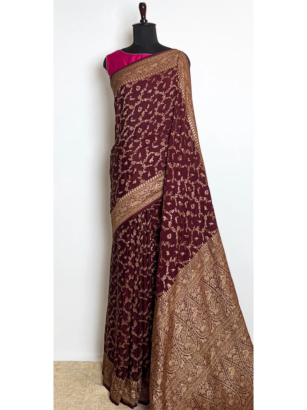 Pure Crape Georgette Saree - Wine Colour - QA258406