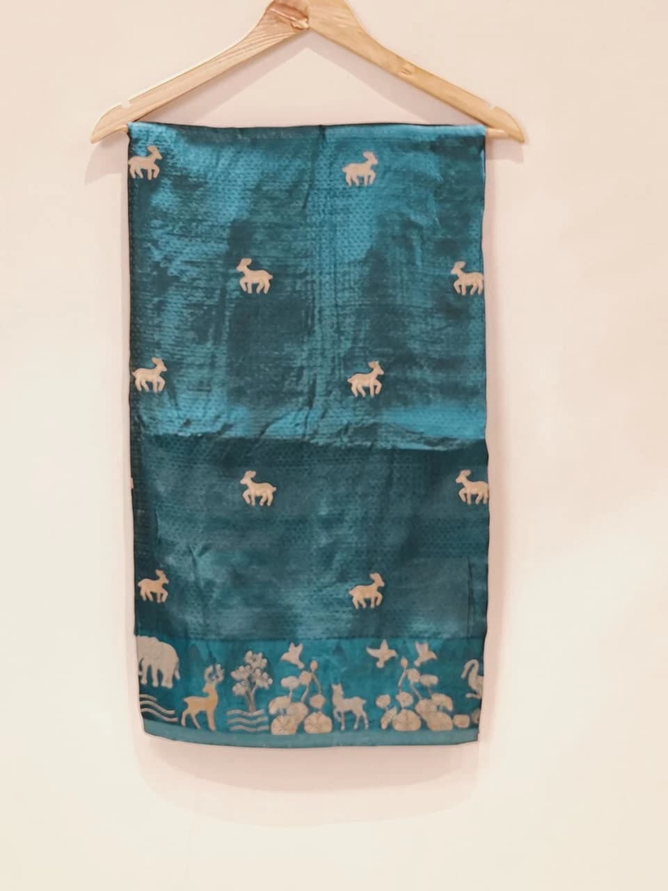Satin Banarasi Navaratri Teal Silk Saree with Deer Motifs QS253190