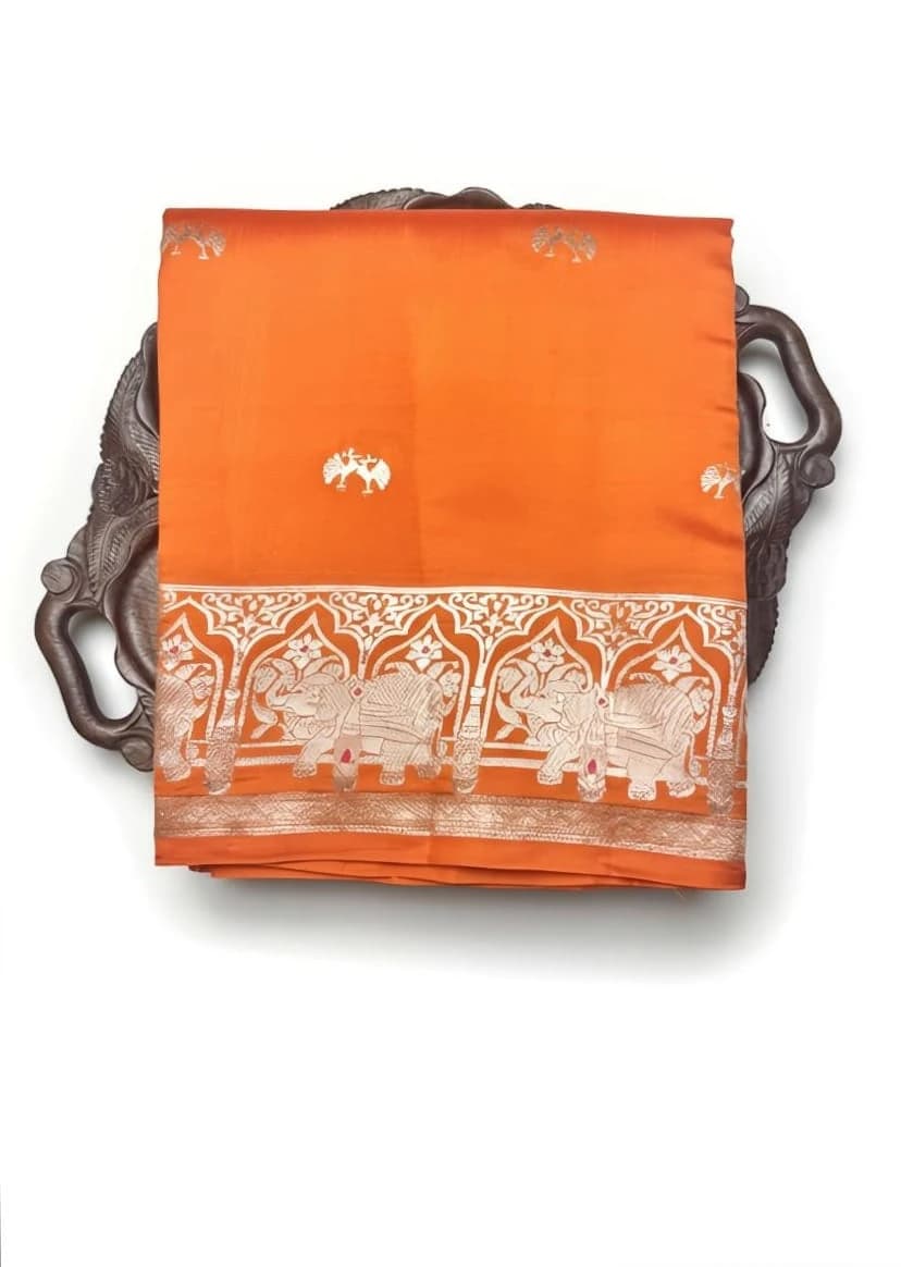 Puna Banarasi Orange Silk Saree with Elephant Zari Border QS242333