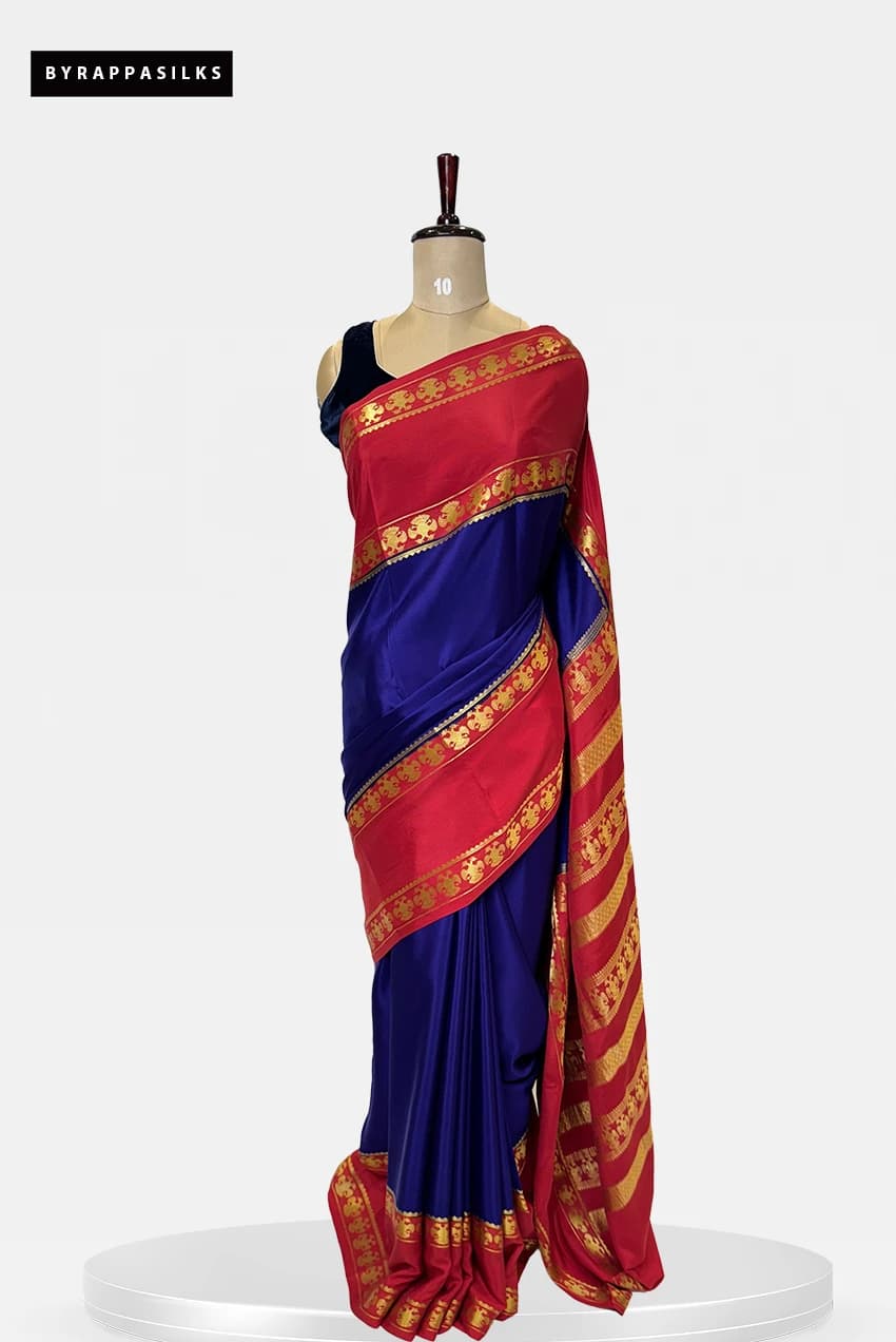 Pure Mysore Silk Gandaberunda Buttas Royal Blue With Red Saree QS273139