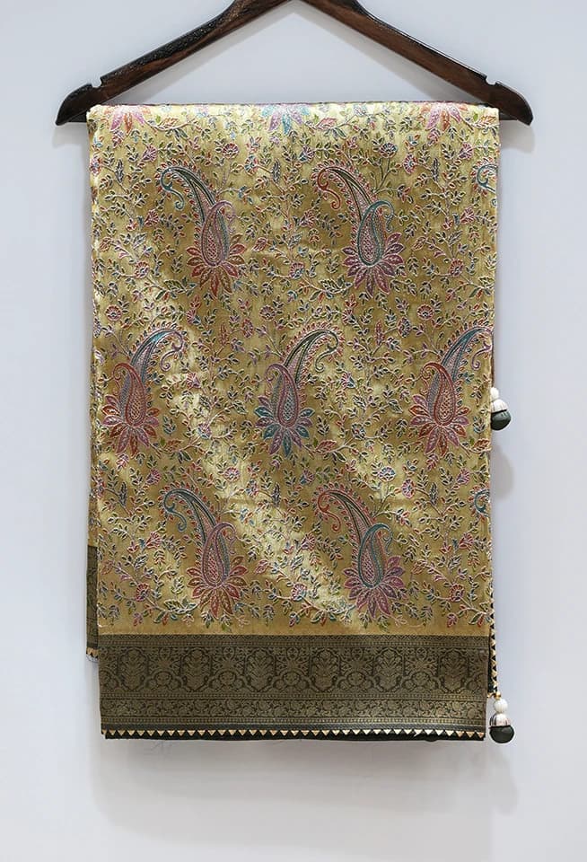 Flower and Leaf Banarasi with Red Floral and Paisley Weave QS254473