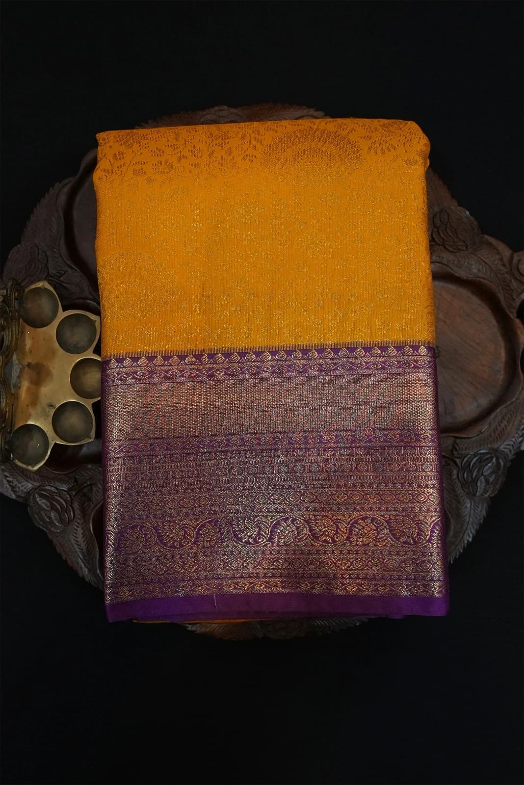 Tissue Brocade Saree - Bright orange With Purple and gold, with detailed brocade-style designs QS235911