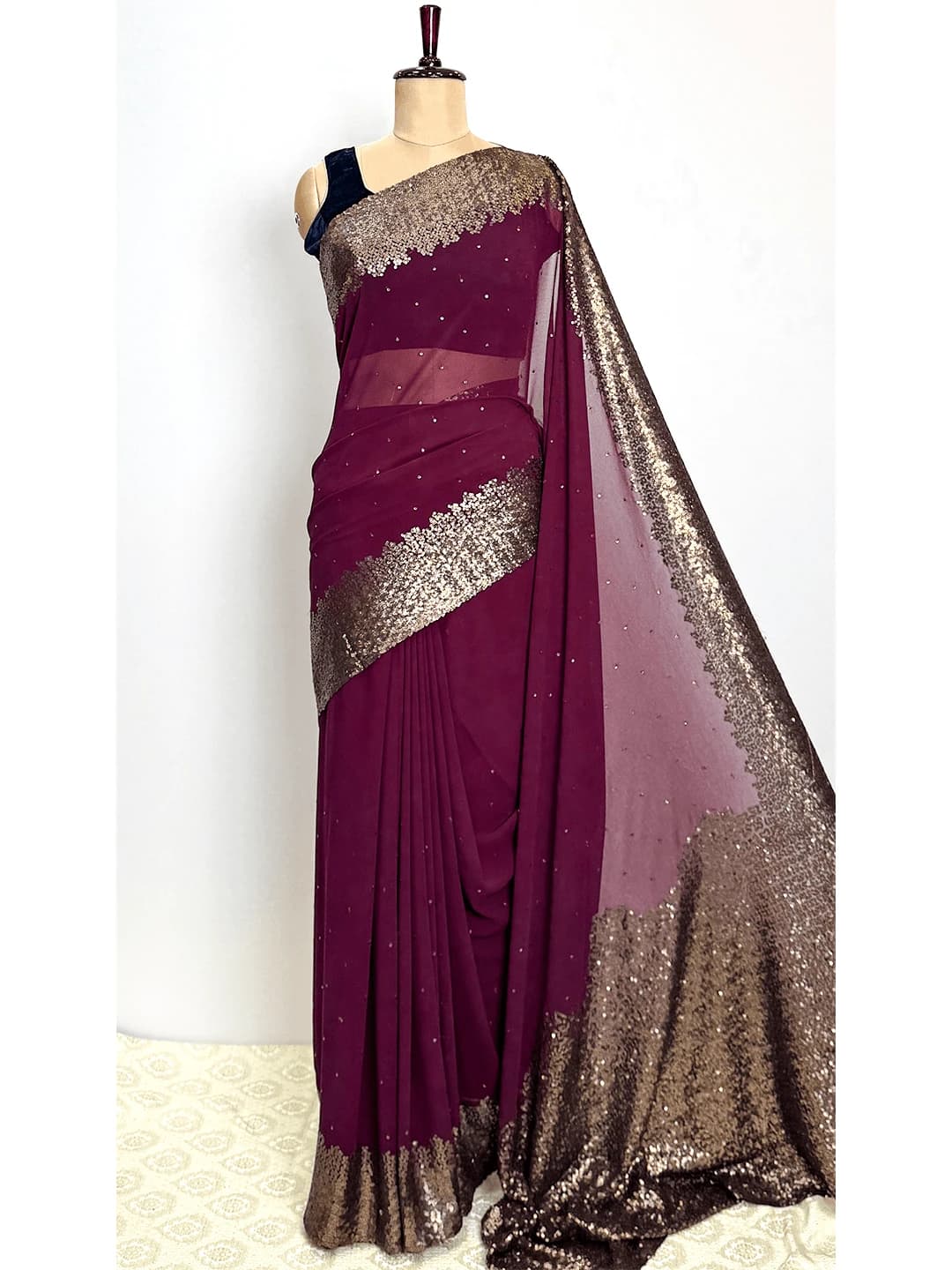 Fancy Saree With Work - Wine Colour - QS214151