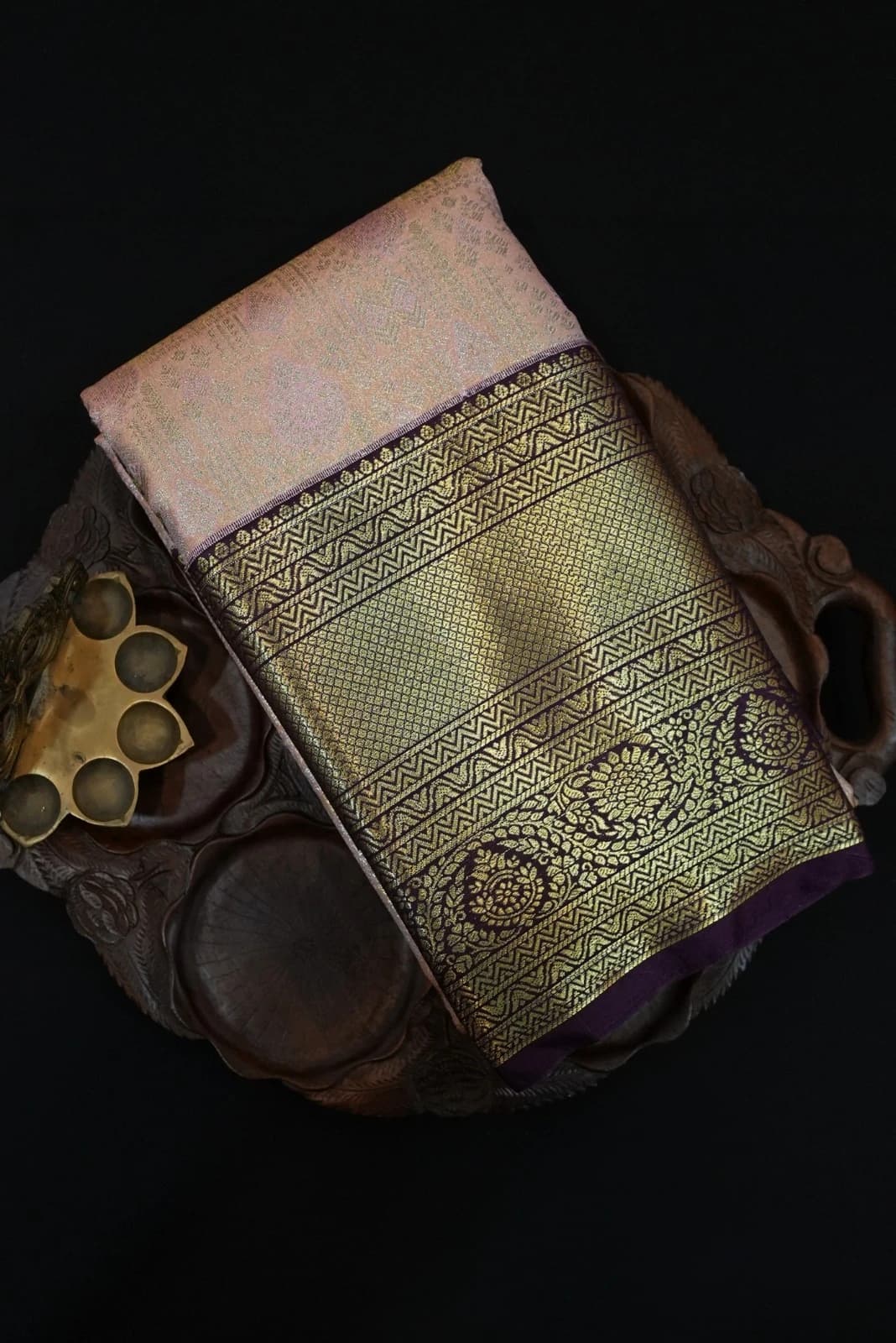 Tissue Brocade Saree - Peach-Pink With with gold zari weaving and a deep purple border QS235813