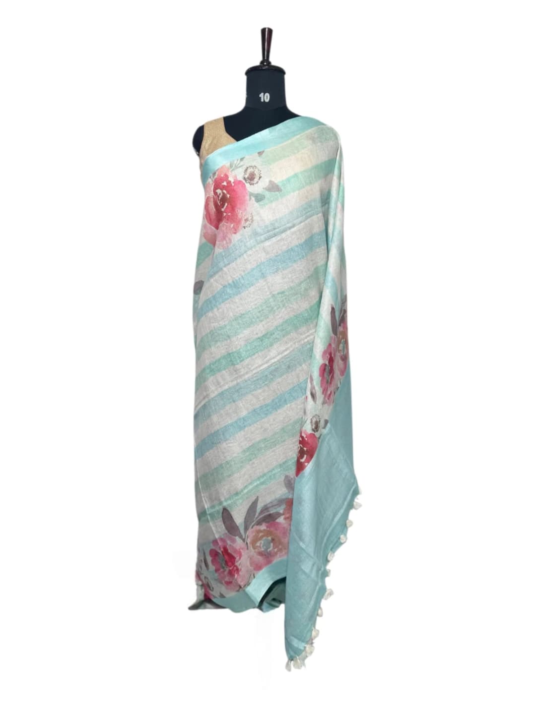 Pure Linen Aqua Blue Floral Stripe Blend Saree QS271813