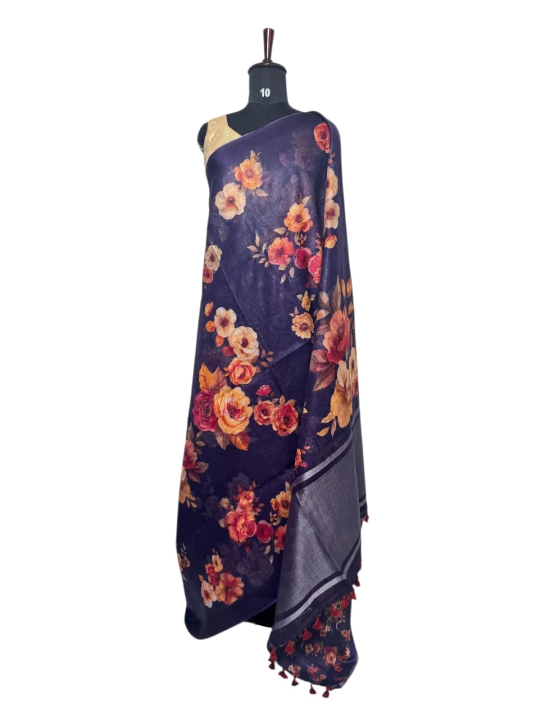 Pure Linen Navy Blue Floral Print Saree QS271810