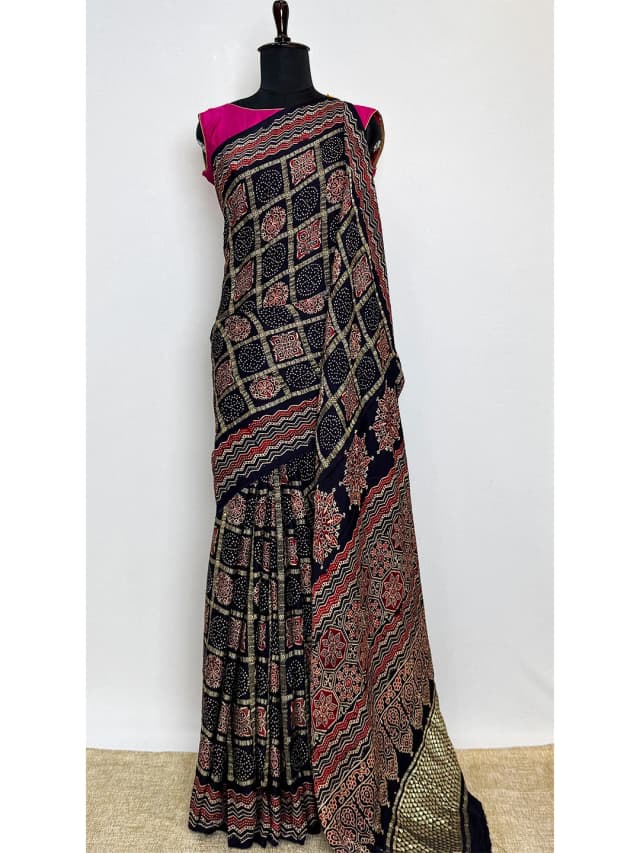 Ajrakh Printed Sarees - Dark Blue Colour - QS211484