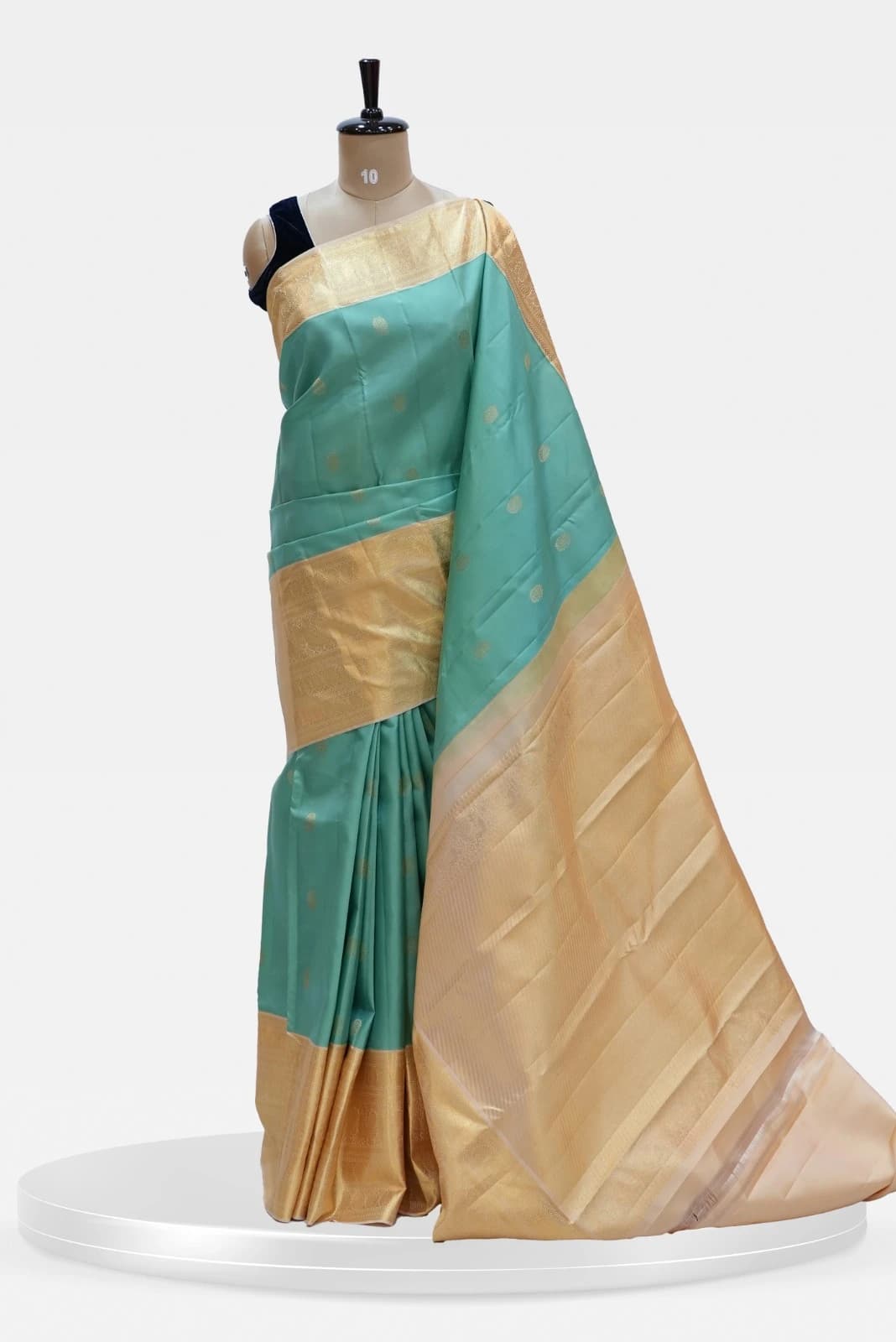Kanchee Sea Green Traditional 1 Gram Gold Silk Saree with Gold Zari Border & Butta Work QS241511
