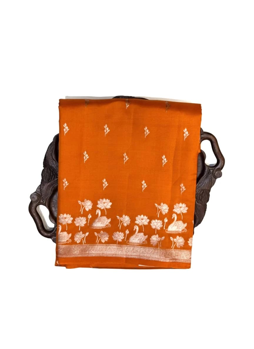 Puna Banarasi Orange Silk Saree with Gold Zari Border QS249827