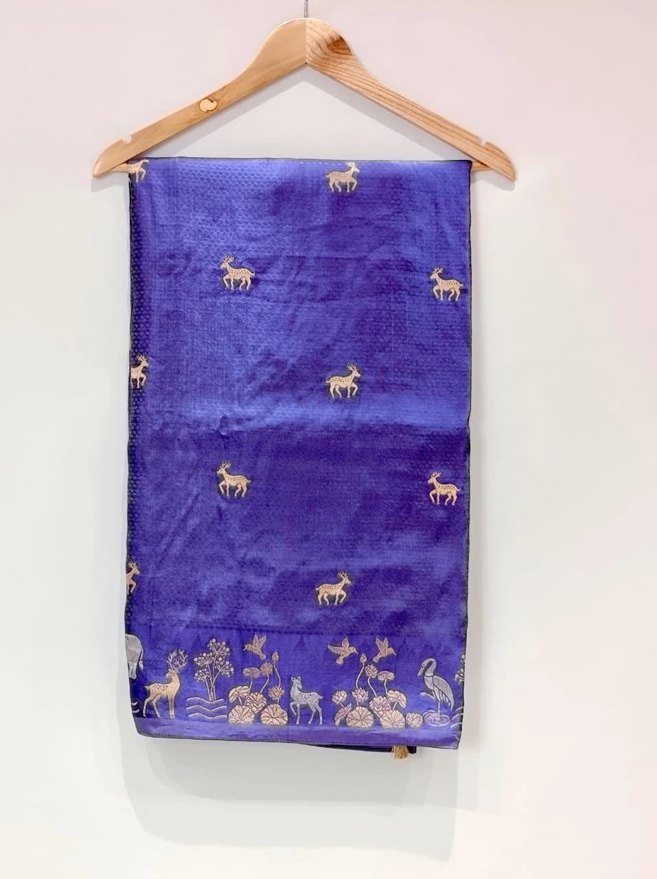 Satin Banarasi Navaratri Royal Blue Silk Saree with Deer and Animal Motifs QS253177