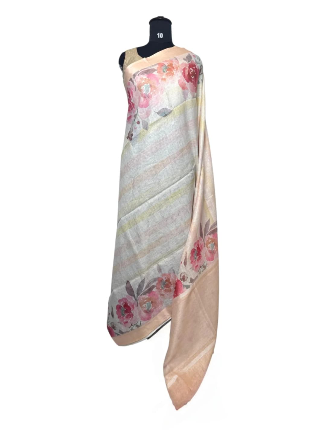 Pure Linen Elegant Soft Peach Floral Stripe Blend Saree QS271814