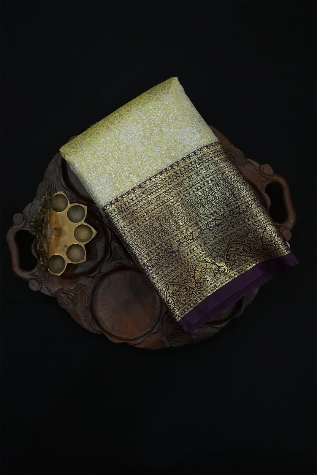 Tissue Brocade Saree - Light Gold With Purple Border QS235701