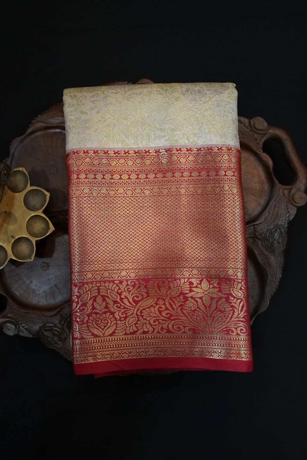 Tissue Brocade Saree - Cream/Ivory With rich red border embellished with gold zari weaving QS235624