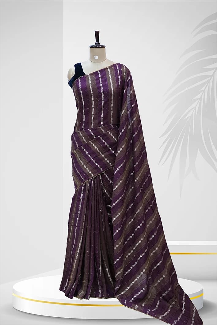 Bandhani Saree Deep Plum With Golden And White Diagonal Tie-Dye Stripes QS236877