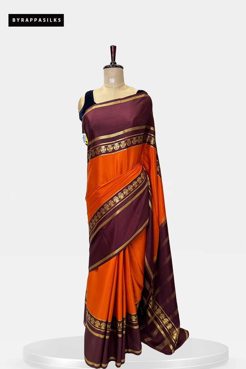 Pure Mysore Silk Gandaberunda Buttas Orange With Brown Saree QS273160