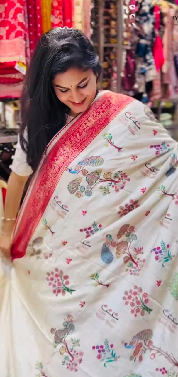 Banarasi Silk with Peacock Half White QS252171